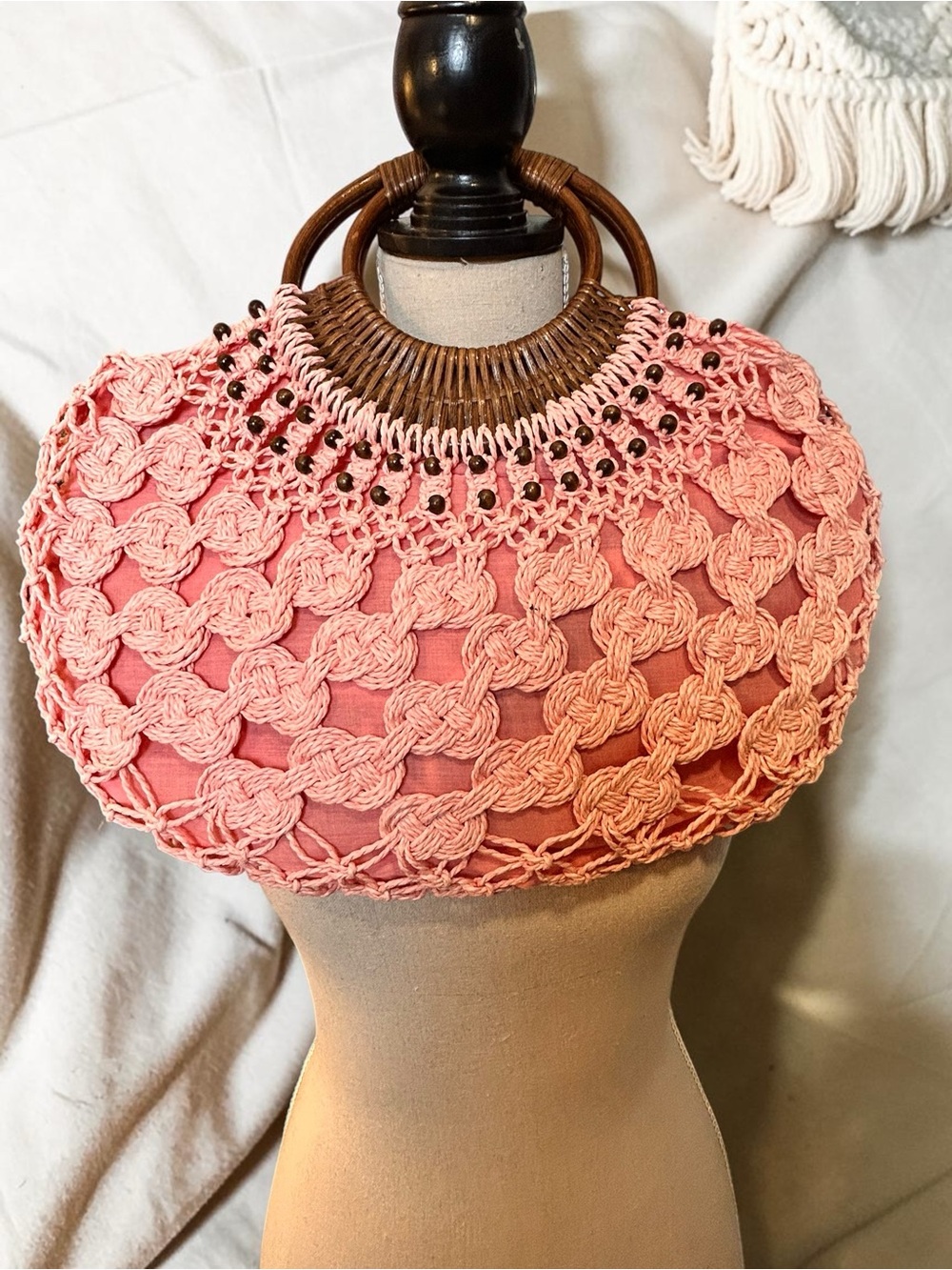 Vintage Pink Macrame Tote Bag w/ Bamboo Handles & Beads Retro 70s Chic